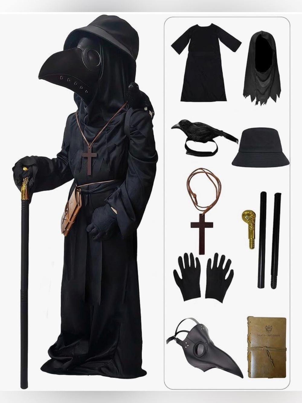 Kids Black Plague Doctor Costume with Hood and Mask